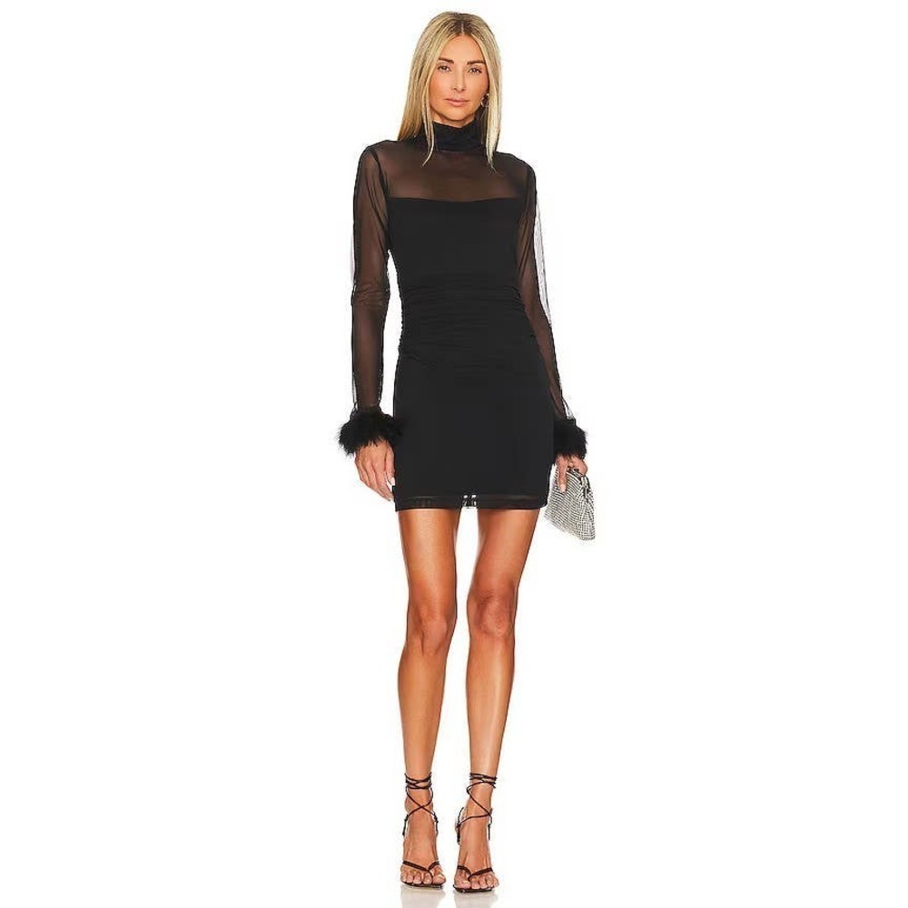 Amanda Uprichard Vixen Dress Ostritch Feather Sleeves Black Women's Size M NWOT